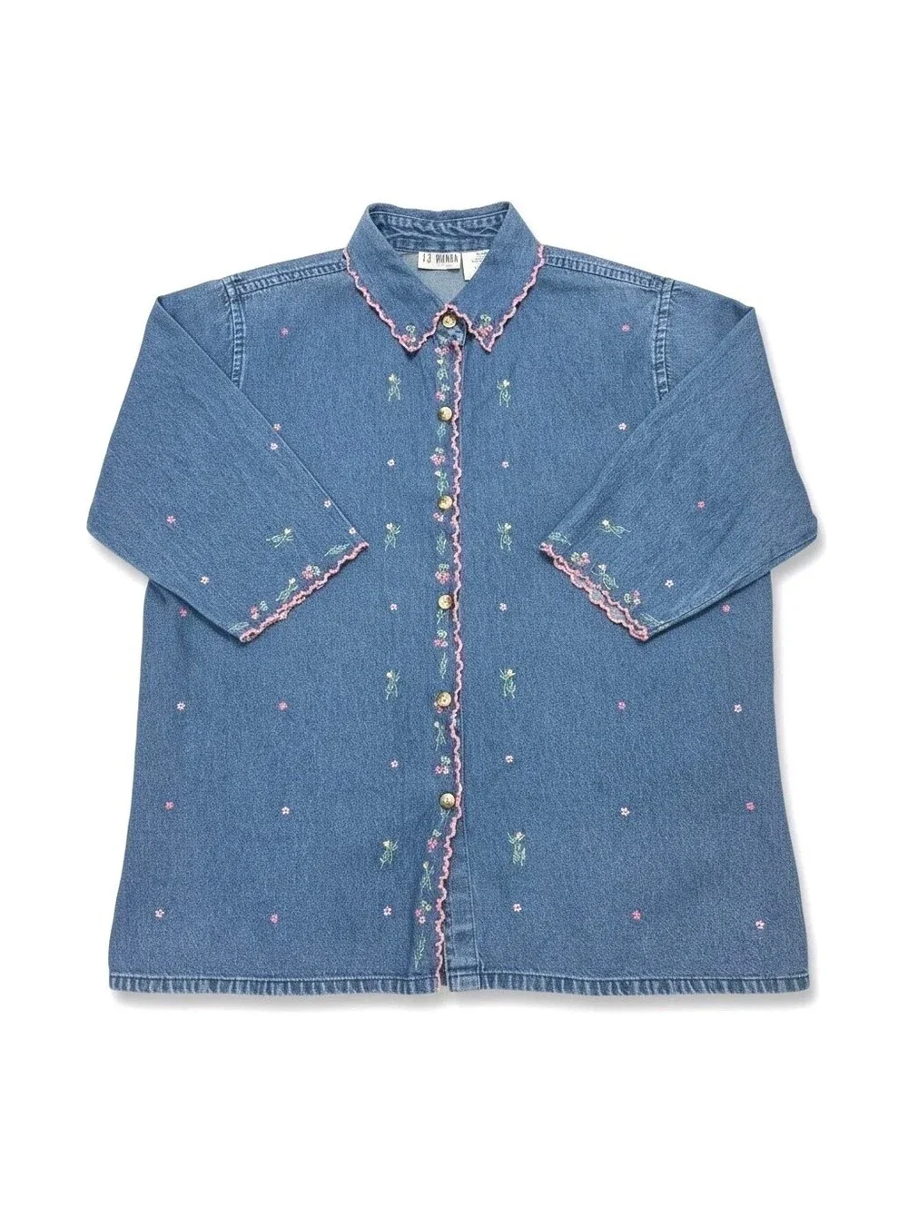 Victoria Jones Denim Shirt Womens XL Embroidered Floral Scalloped Trim Vintage